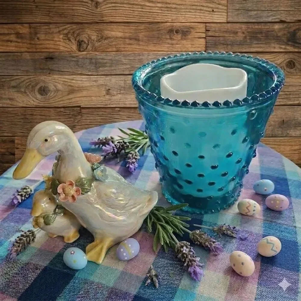 Iridescent Duck Figurine, Hobnail Candle Holder, Pastel Plaid Cloth Bundle